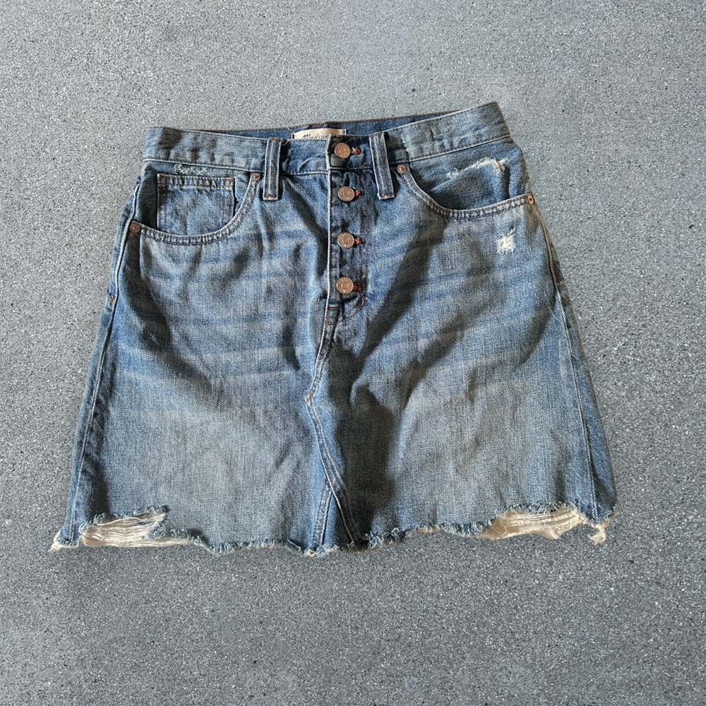 Madewell button fly denim Jean skirt raw hem l